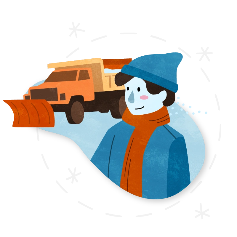 Illustration of a person dressed in winter clothing in front of a snow plow truck